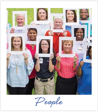 Small image of associates holding white frames around faces above the word 'People'